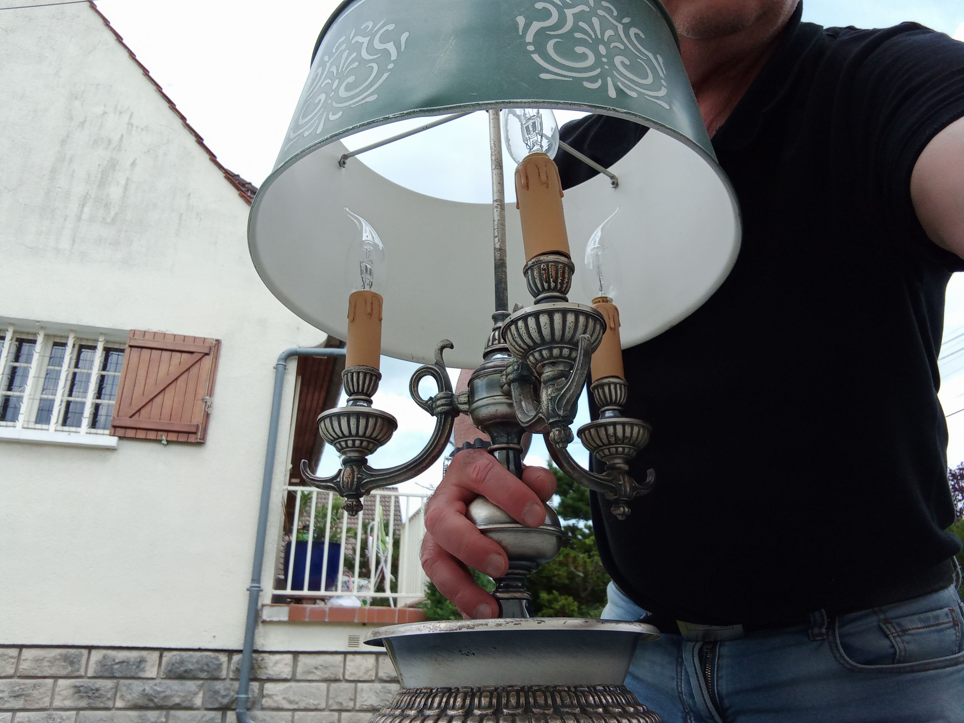 Hot water bottle lamp 3 lights silvered metal aged lampshade sheet metal (74cm)