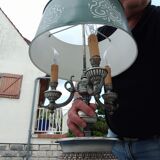 Hot water bottle lamp 3 lights silvered metal aged lampshade sheet metal (74cm)