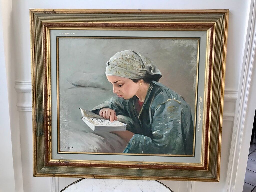 Oil painting on canvas portrait young girl who reads signed