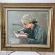 Oil painting on canvas portrait young girl who reads signed