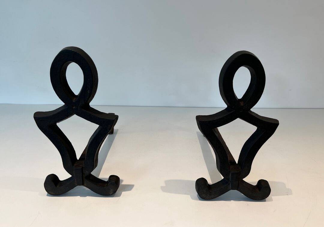 Pair of Cast Iron Chenets with Figurative Anthropomorphic Silhouette, by Raymon