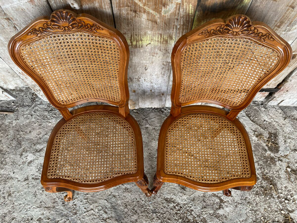 Paire Chaises Anciennes Style LOUIS XV Merisier + Assise Cannée Vintage
