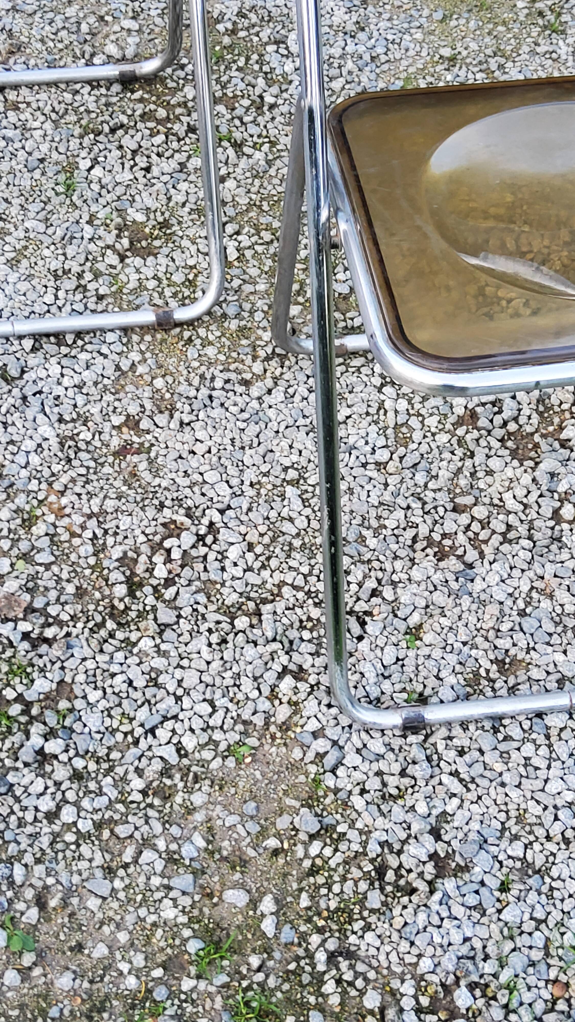 Set of 4 70s design folding chairs in smoked plexiglass and chrome metal