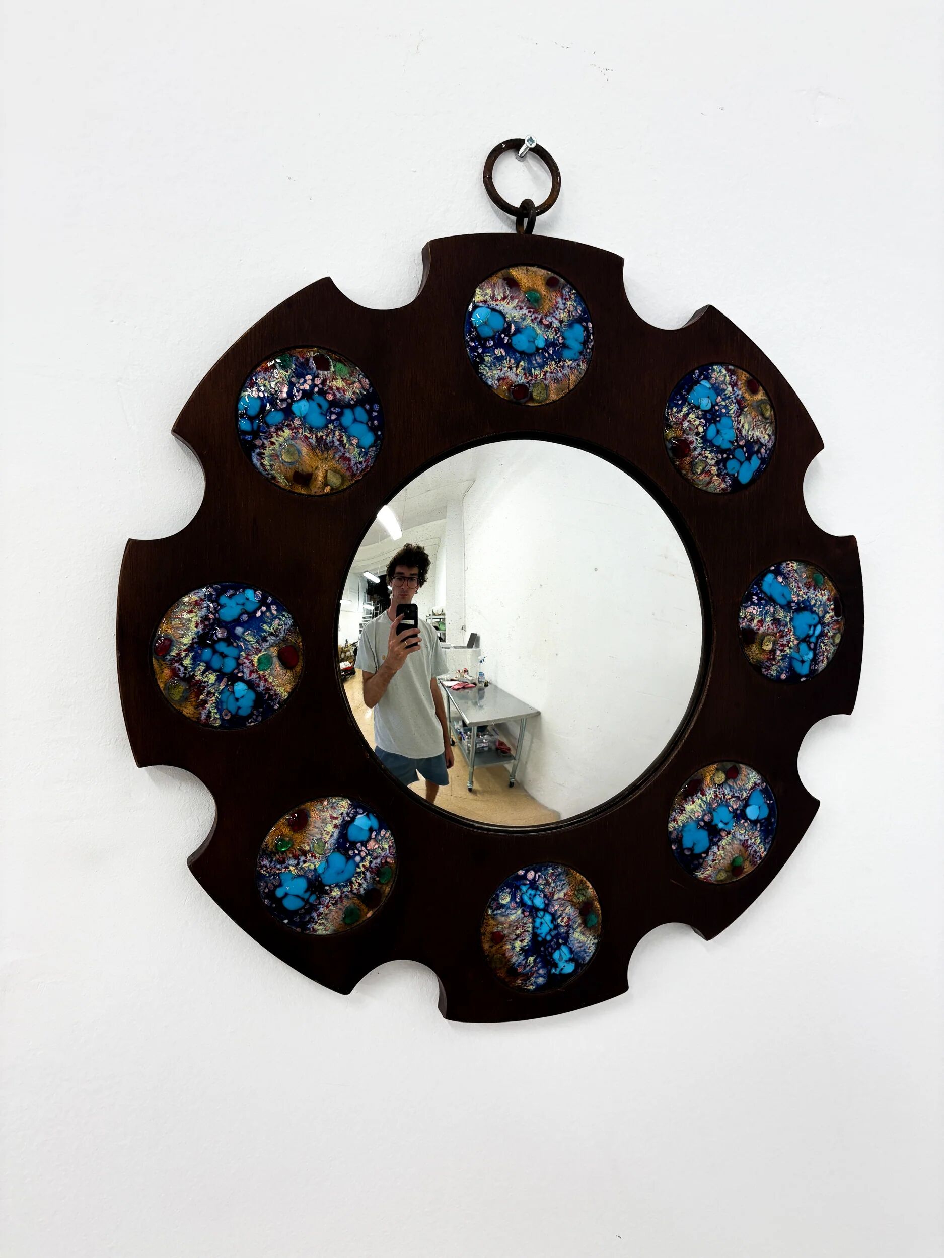 Modernist wood and enamel mirror by J. Capo Esmaltes, Spain, 1970s