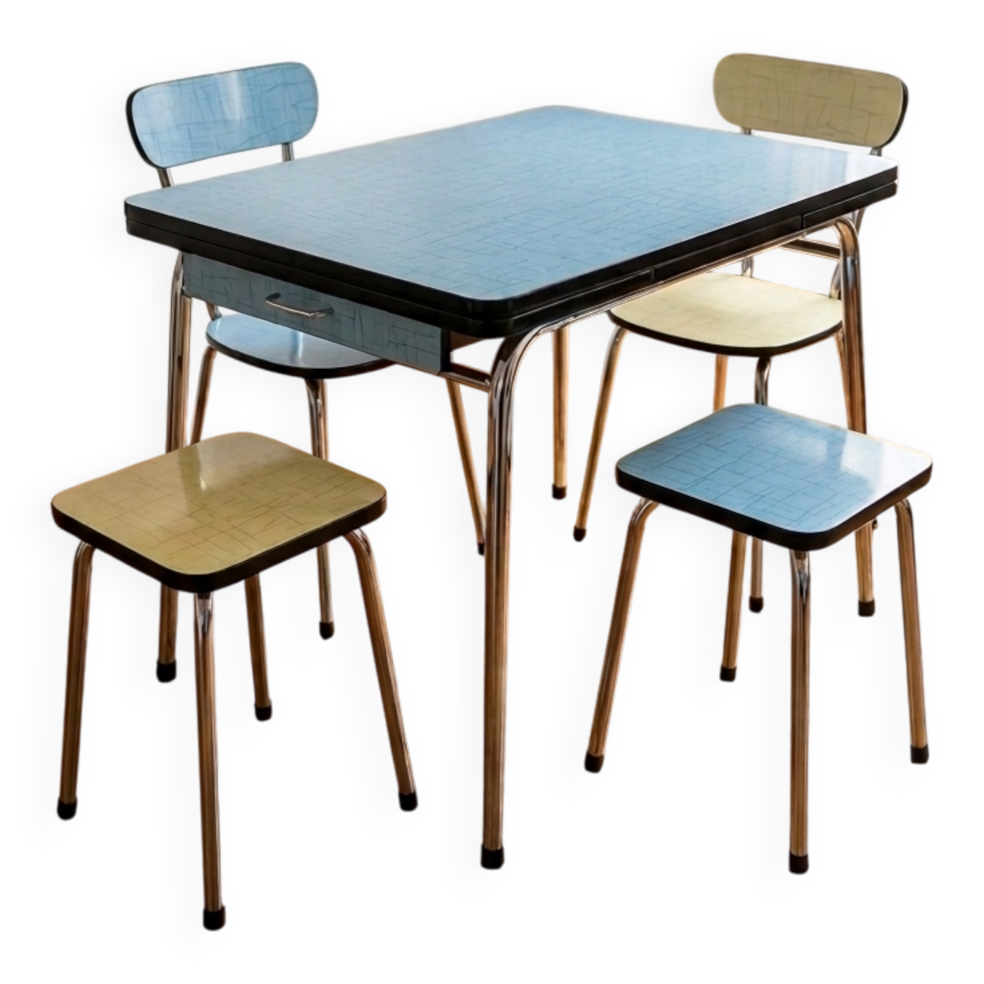 Vintage set from the 60s/70s: table, chairs, and marbled Formica stools.