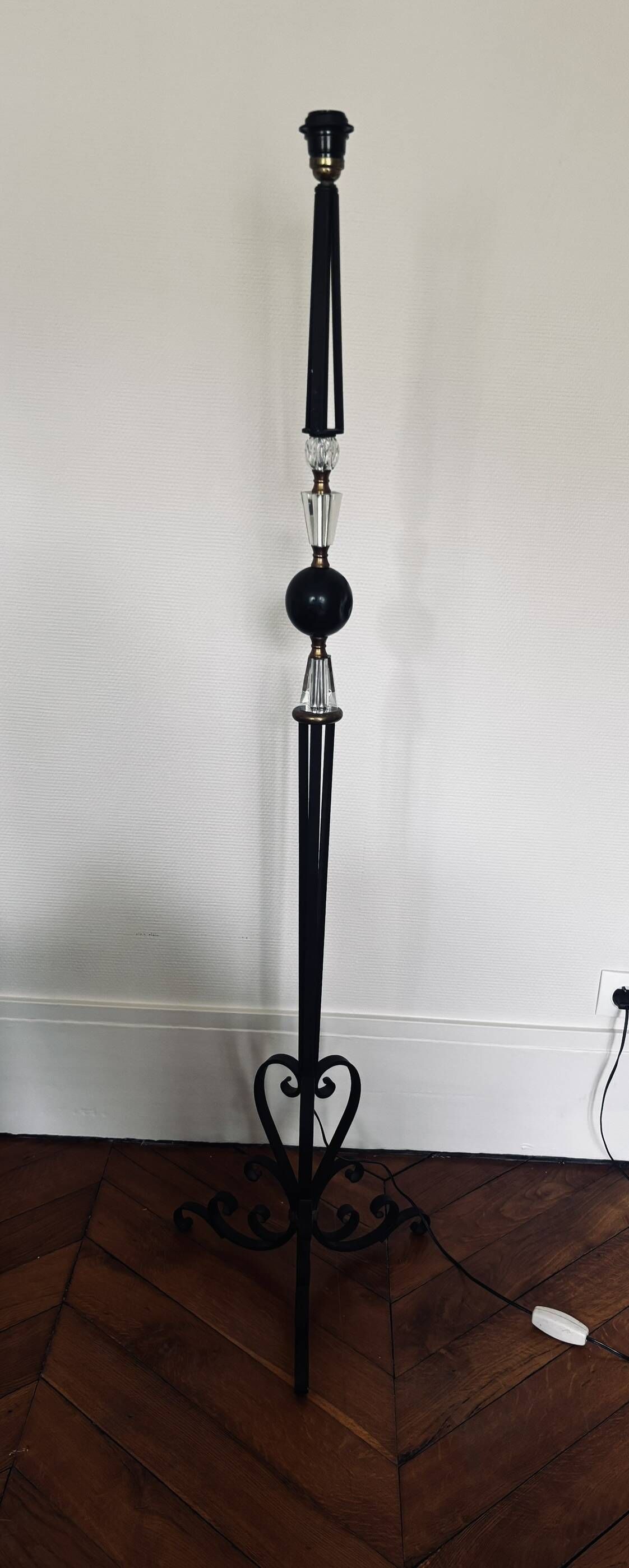 1950s floor lamp - wrought iron, gilded brass, and Sèvres crystal
