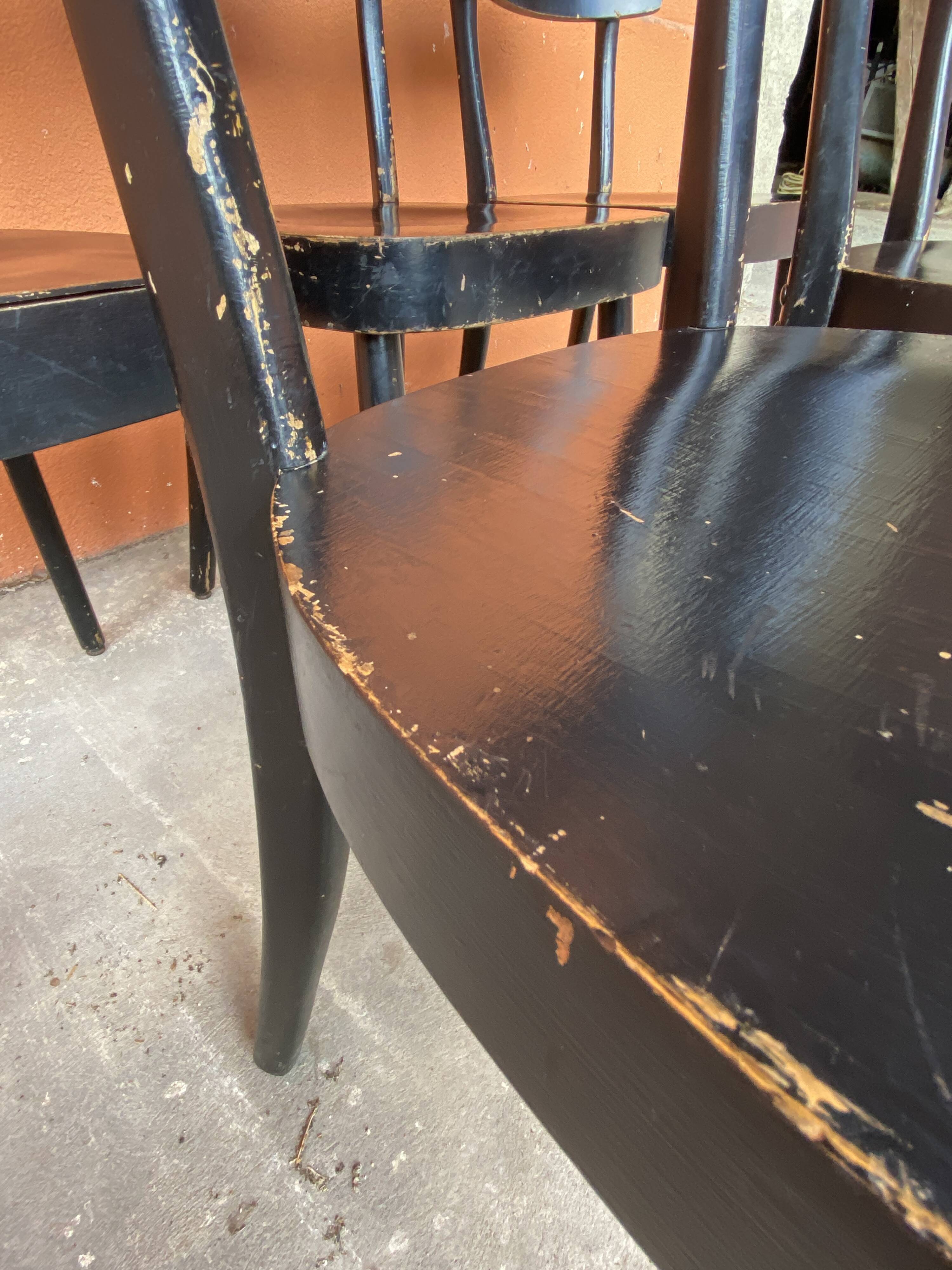 6 patinated curved wood bistro chairs