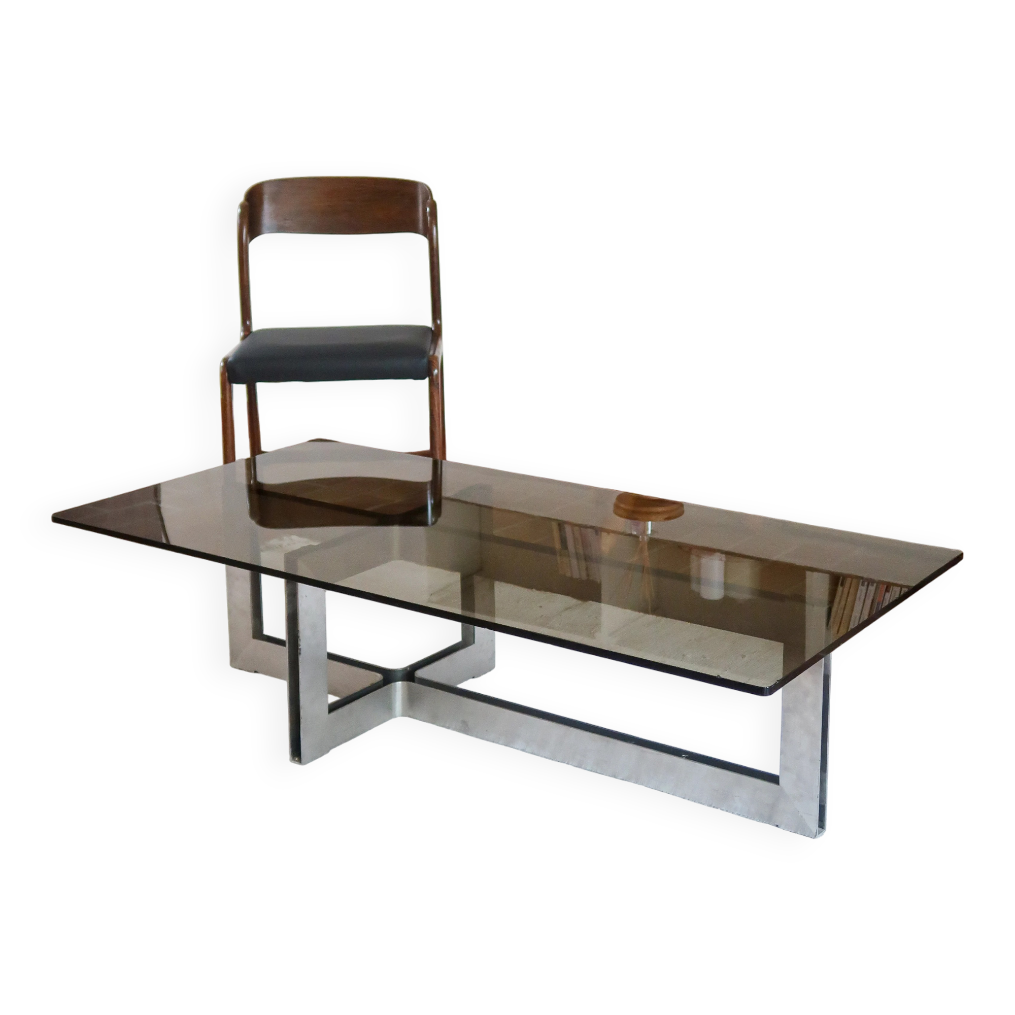 Smoked glass coffee table, brushed stainless steel base, 1970s.