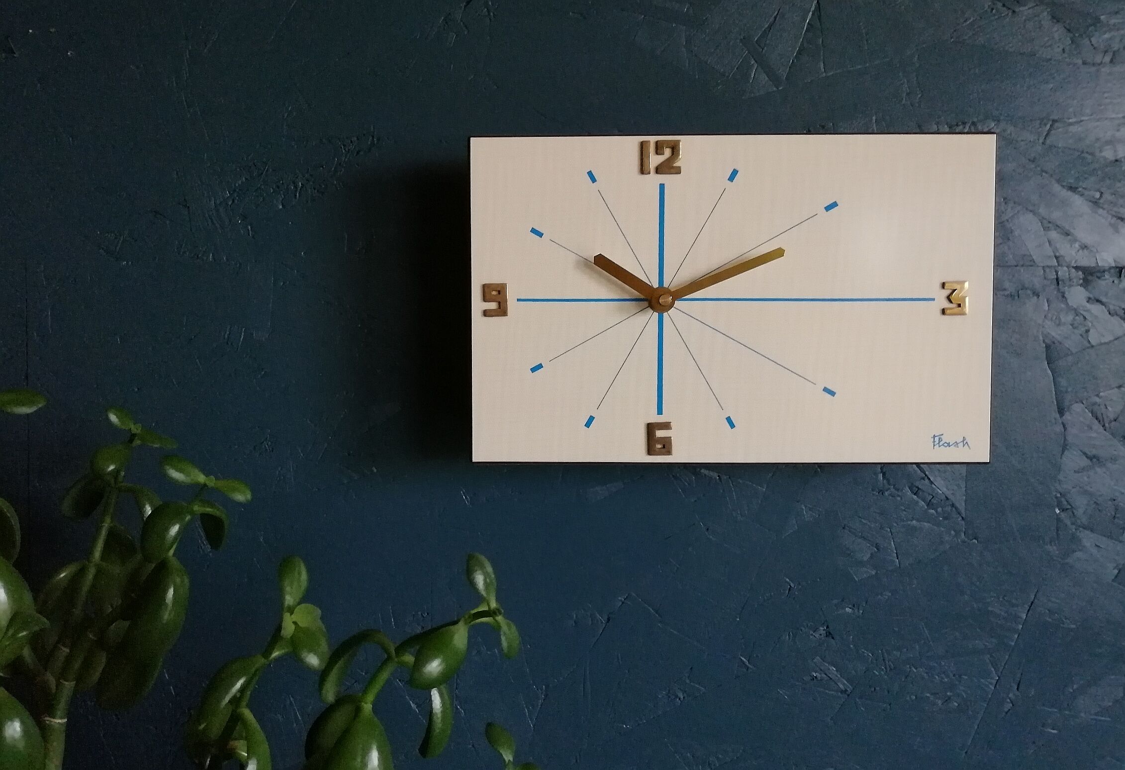 Vintage formica clock silent rectangular wall clock "Blue wood flash"