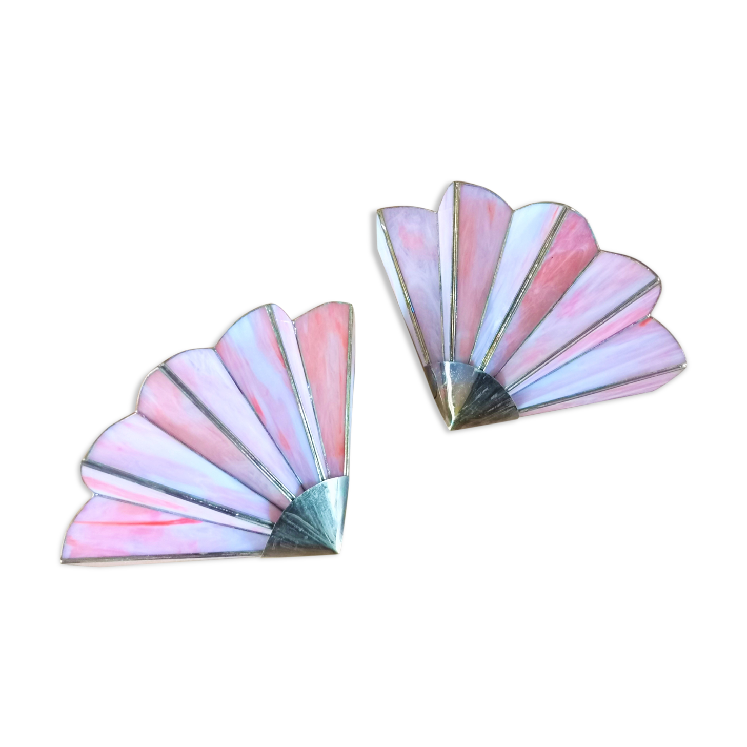 Pair of art deco fan wall light in brass and glass paste