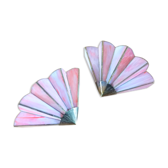 Pair of art deco fan wall light in brass and glass paste