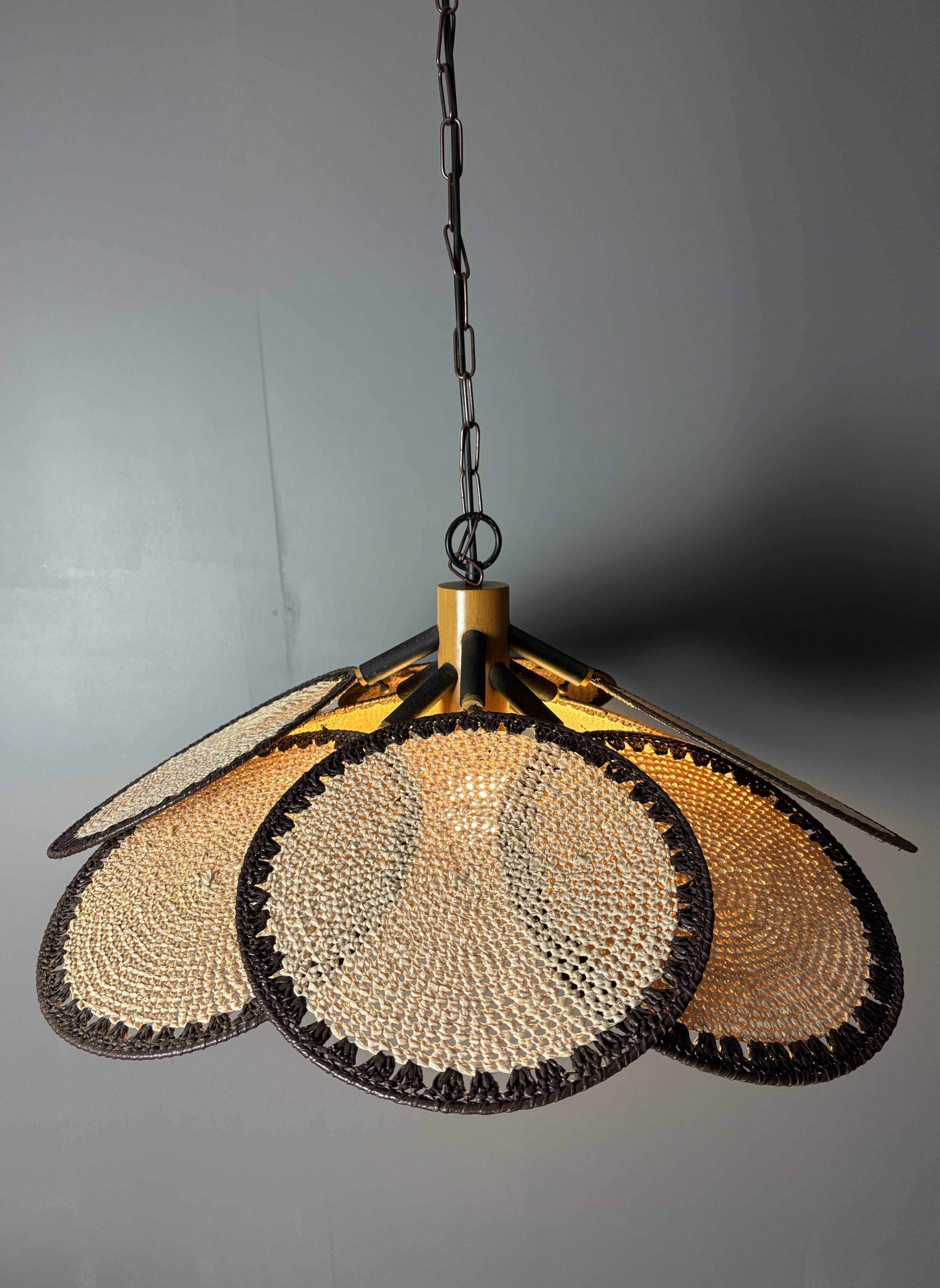 Midcentury uchiwa fan macrame fiber rattan hanging pendant lamp, 1970s