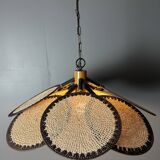 Midcentury uchiwa fan macrame fiber rattan hanging pendant lamp, 1970s