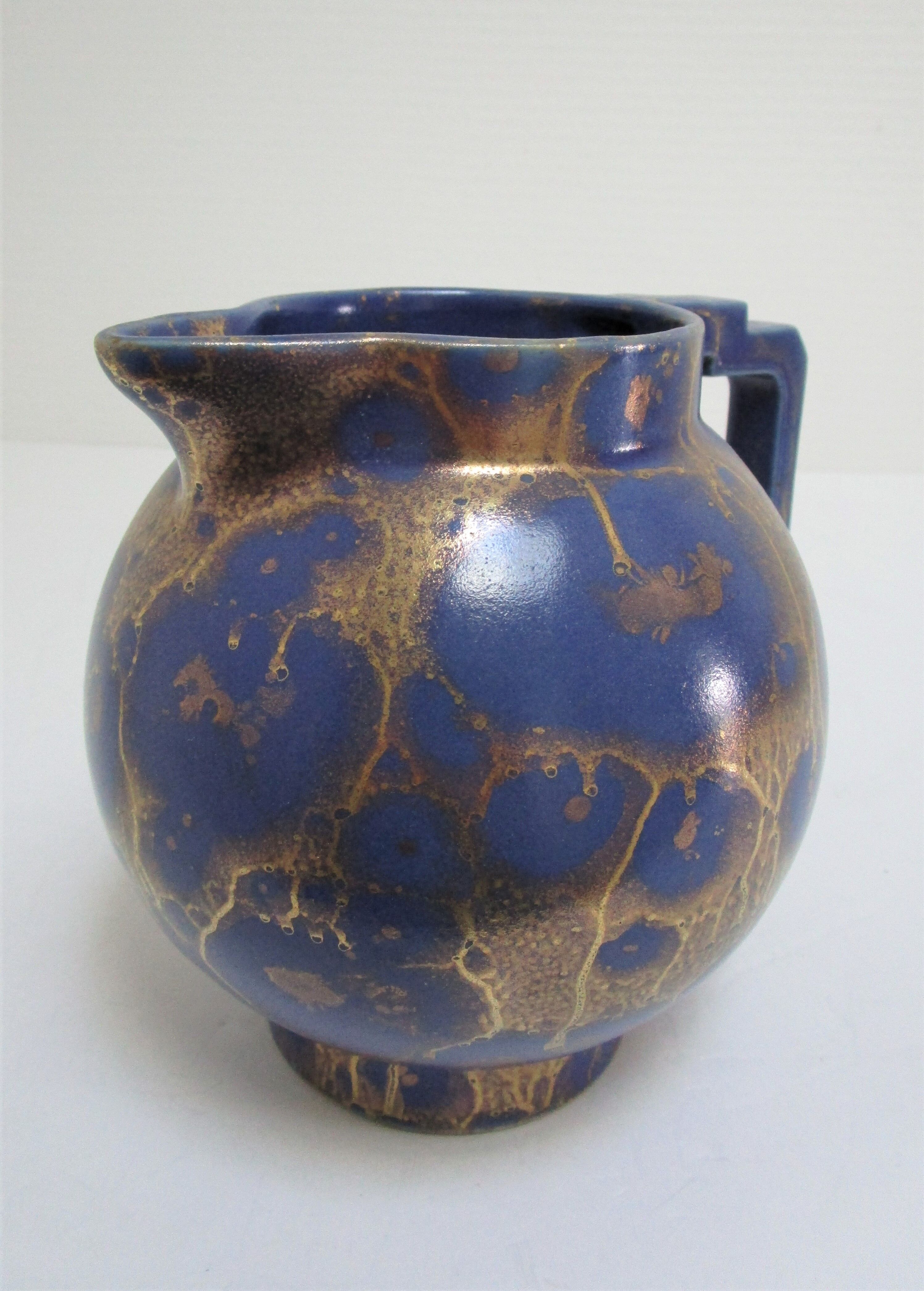 Art Deco ceramic pitcher enamel blue and gold by Lucien Brisdoux 1930s