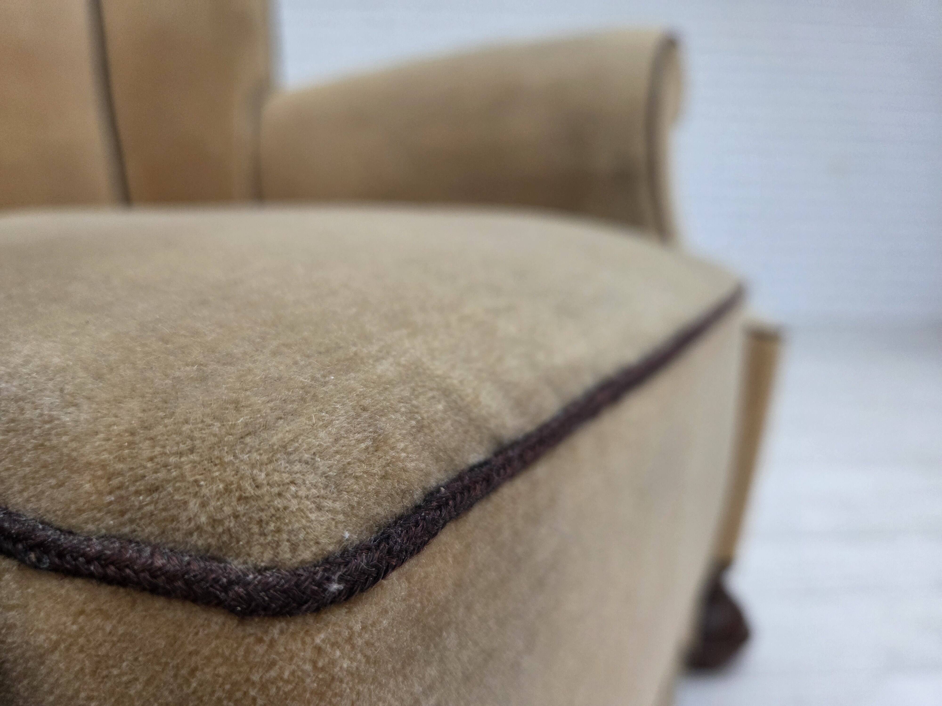 1950s, Danish relax chair, furniture velour with patina, oak wood legs.