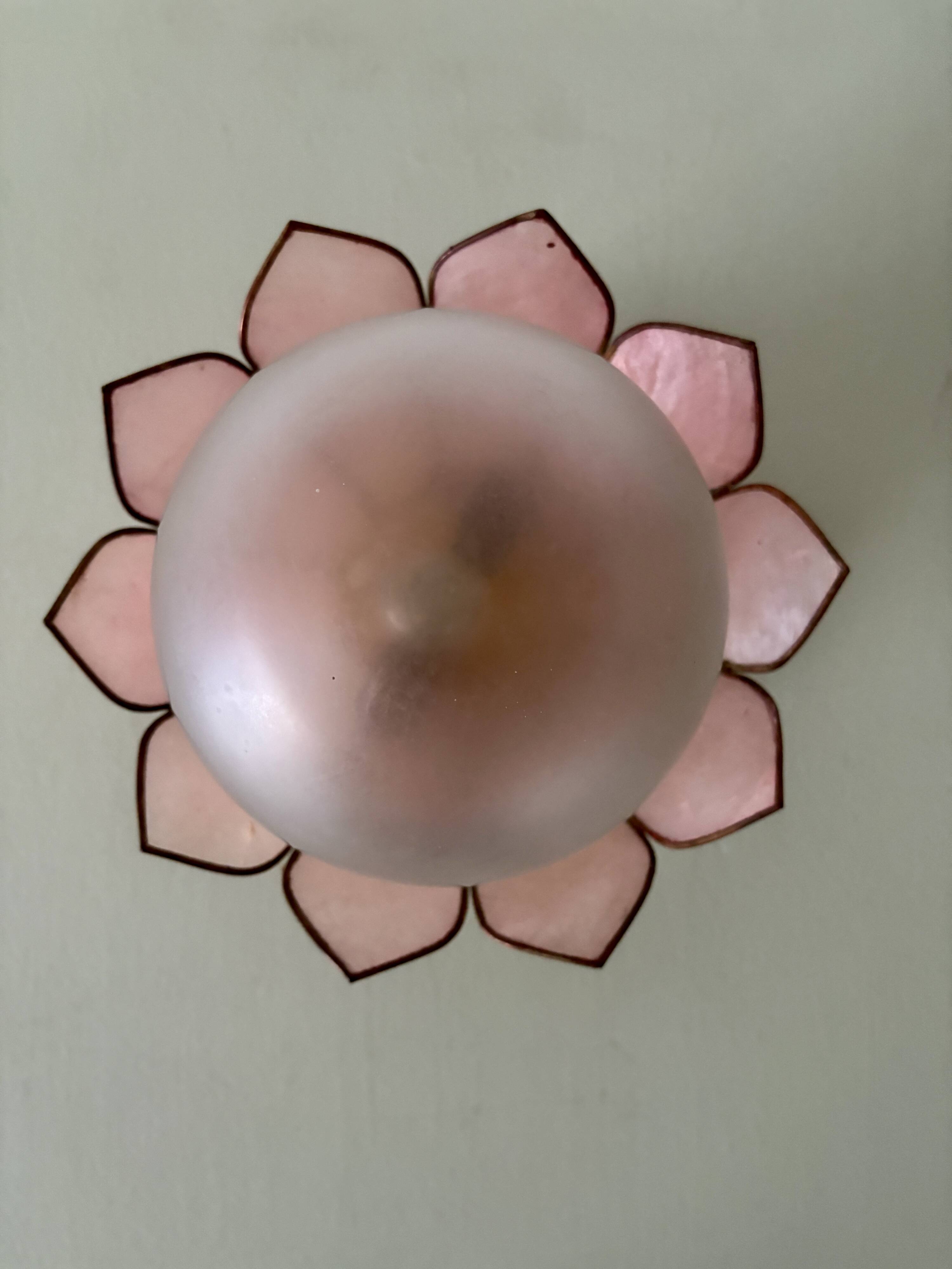 Vintage pink mother-of-pearl wall lamp with frosted glass globe