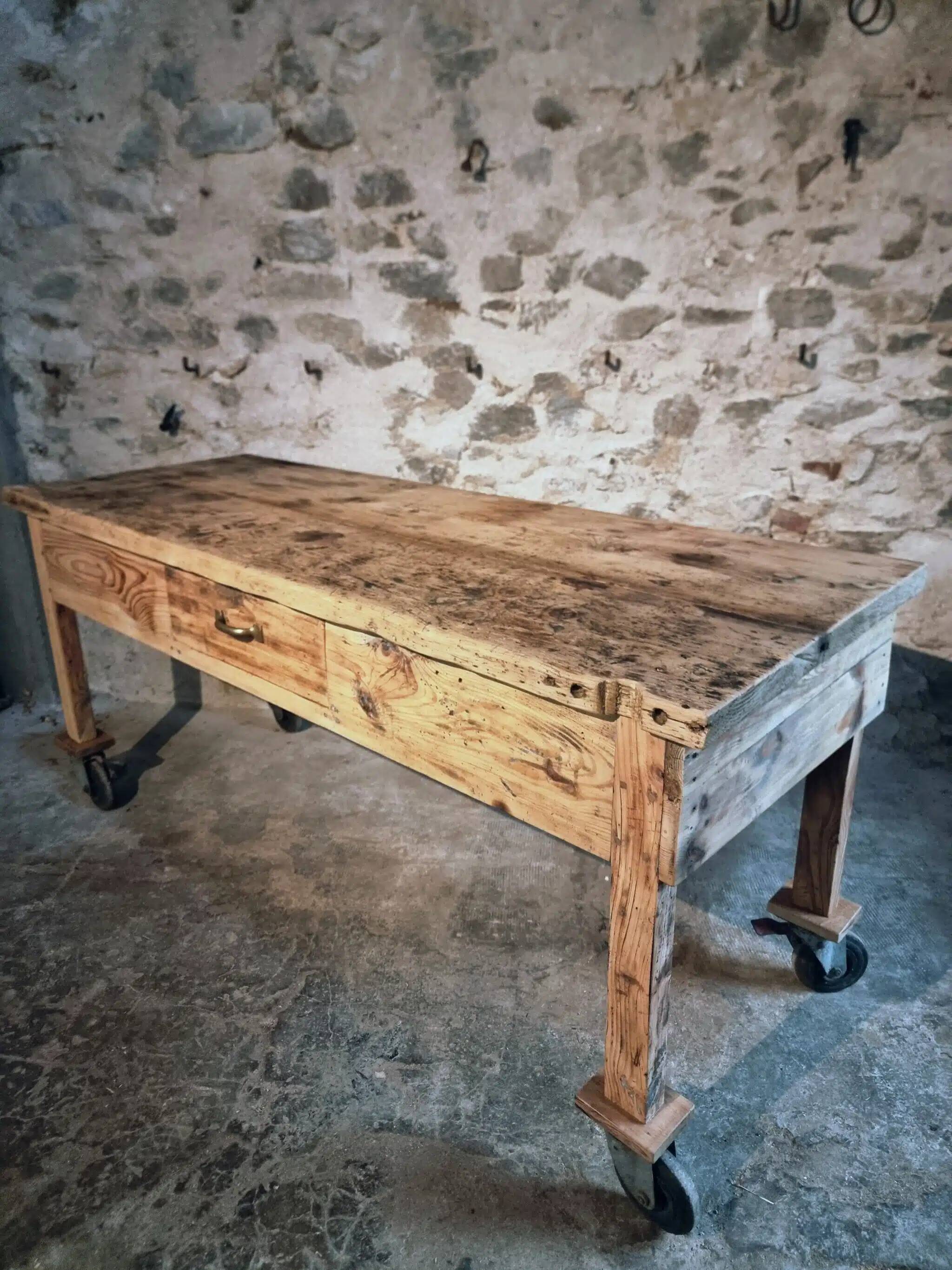 Vintage French pine work table, 1930s industrial kitchen island with drawer and casters