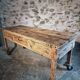 Vintage French pine work table, 1930s industrial kitchen island with drawer and casters