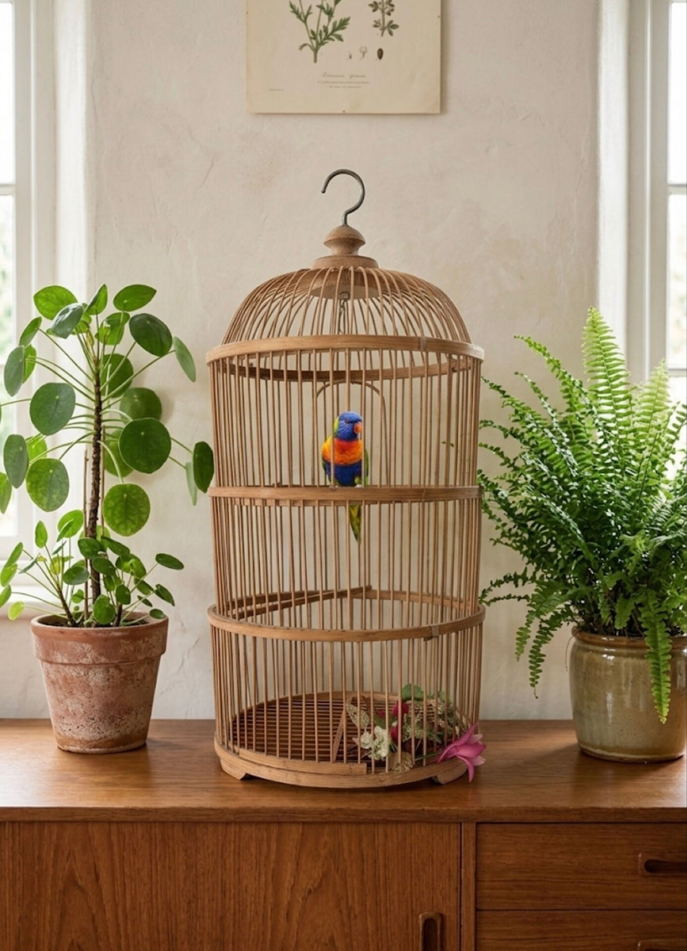 Large bamboo and rattan birdcage from the 1970s.