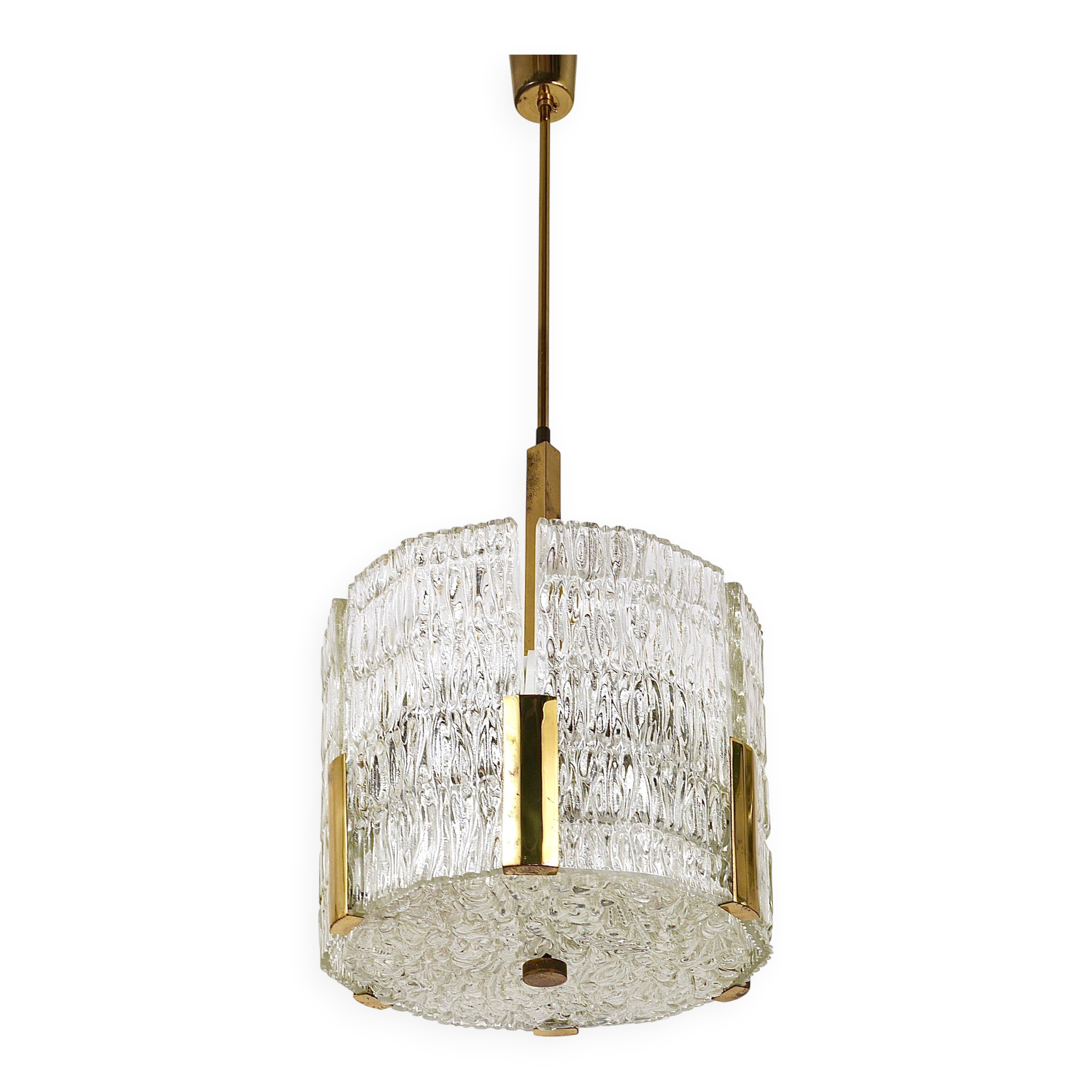 Kalmar Suspension Tambour Drum, Brass, Frosted Textured Glass, Austria, 1960s