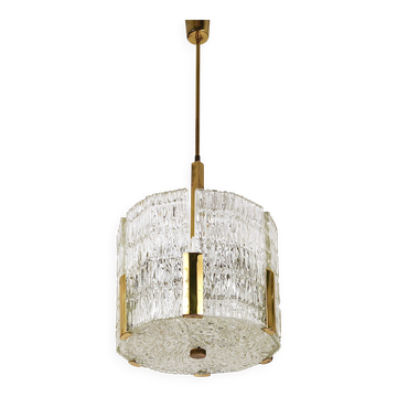 Kalmar Suspension Tambour Drum, Laiton, Verre Texturé Glace, Autriche, Années 1960