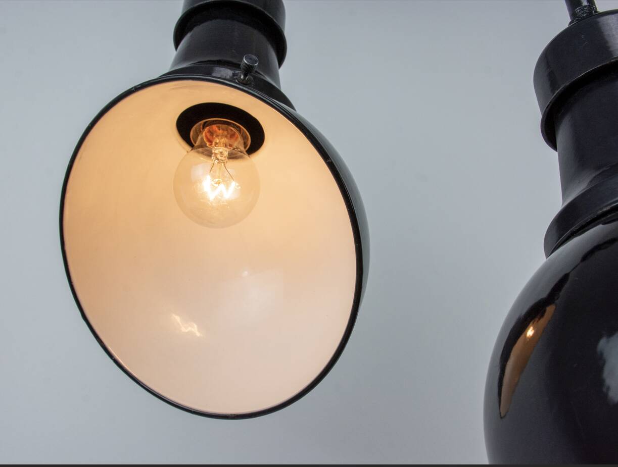 Set Of 2 Vintage Industrial Angled Enamel & Metal Black Lamps