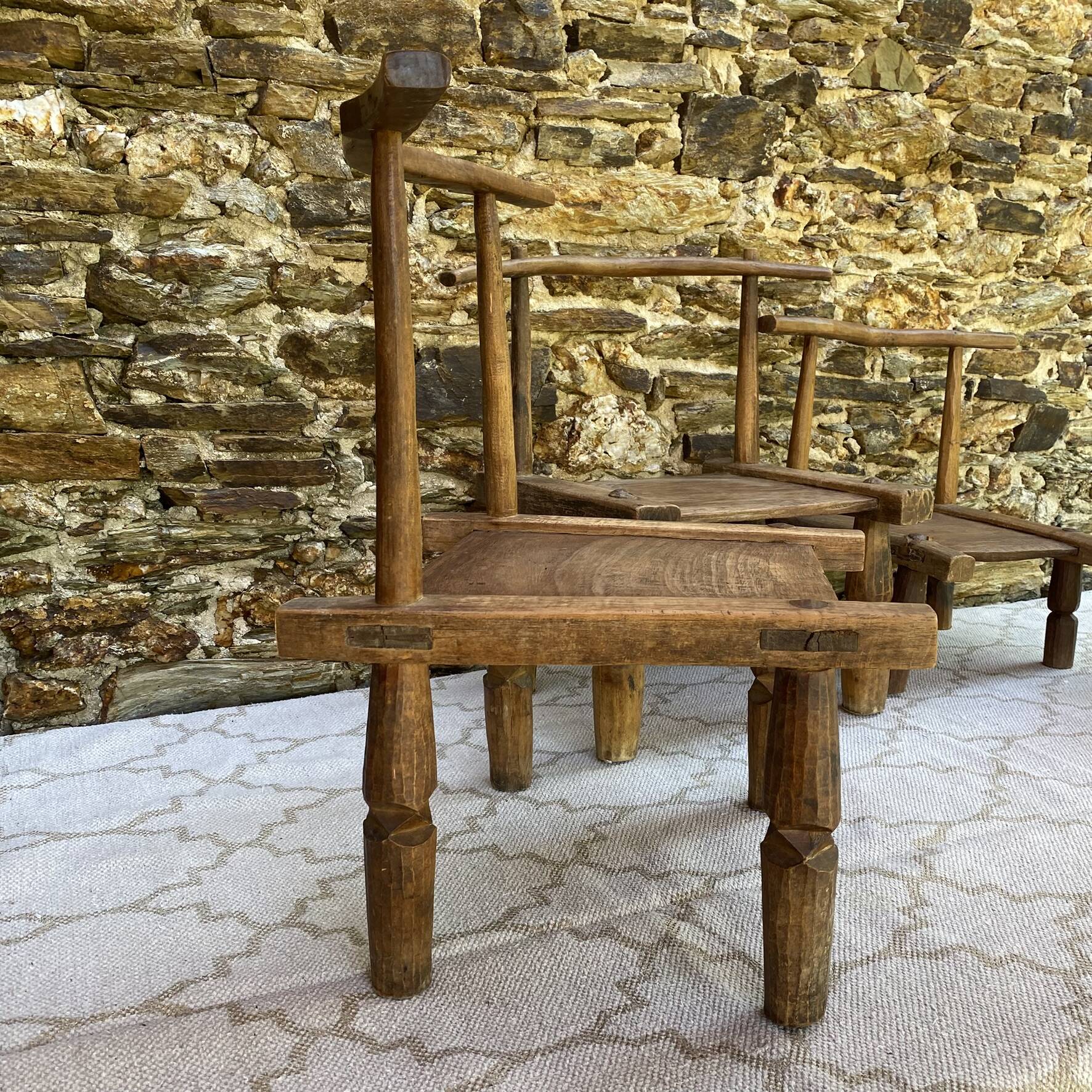 Ancient Baoulé African chairs in carved wood, Wabi-Sabi.