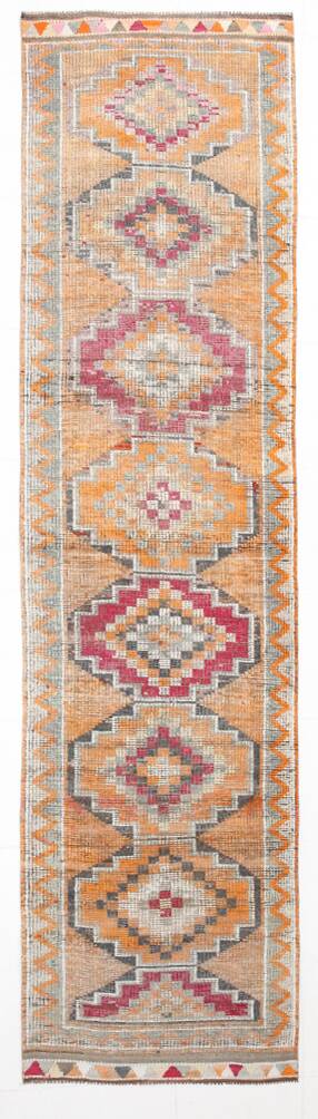 3x12 Vintage Red Orange Turkish Runner Rug, Handmade Wool Carpet, 86x352Cm