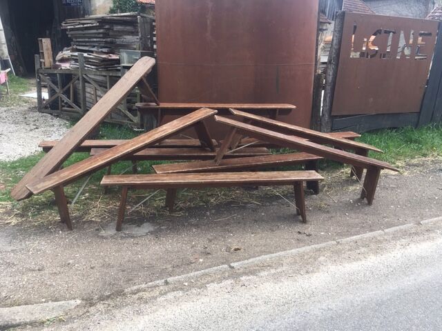 lot of 10 '30s bistro benches in pretty pattine fir