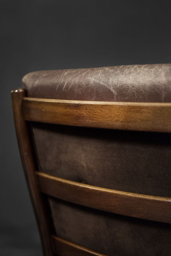 Modern vintage Danish armchair in beech and brown leather by Farstrup Møbler, 1970.