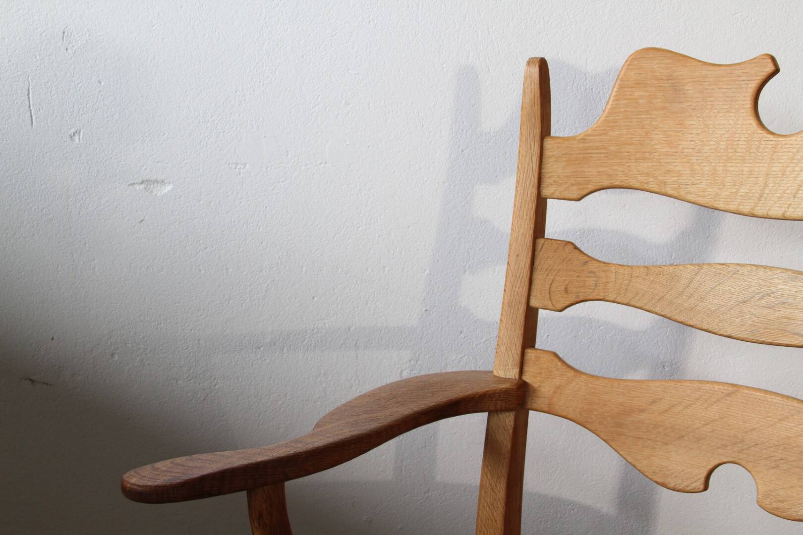 Vintage Brutalist Oak Razorblade Red Striped Armchair by H. Kjærnulf, 1960s