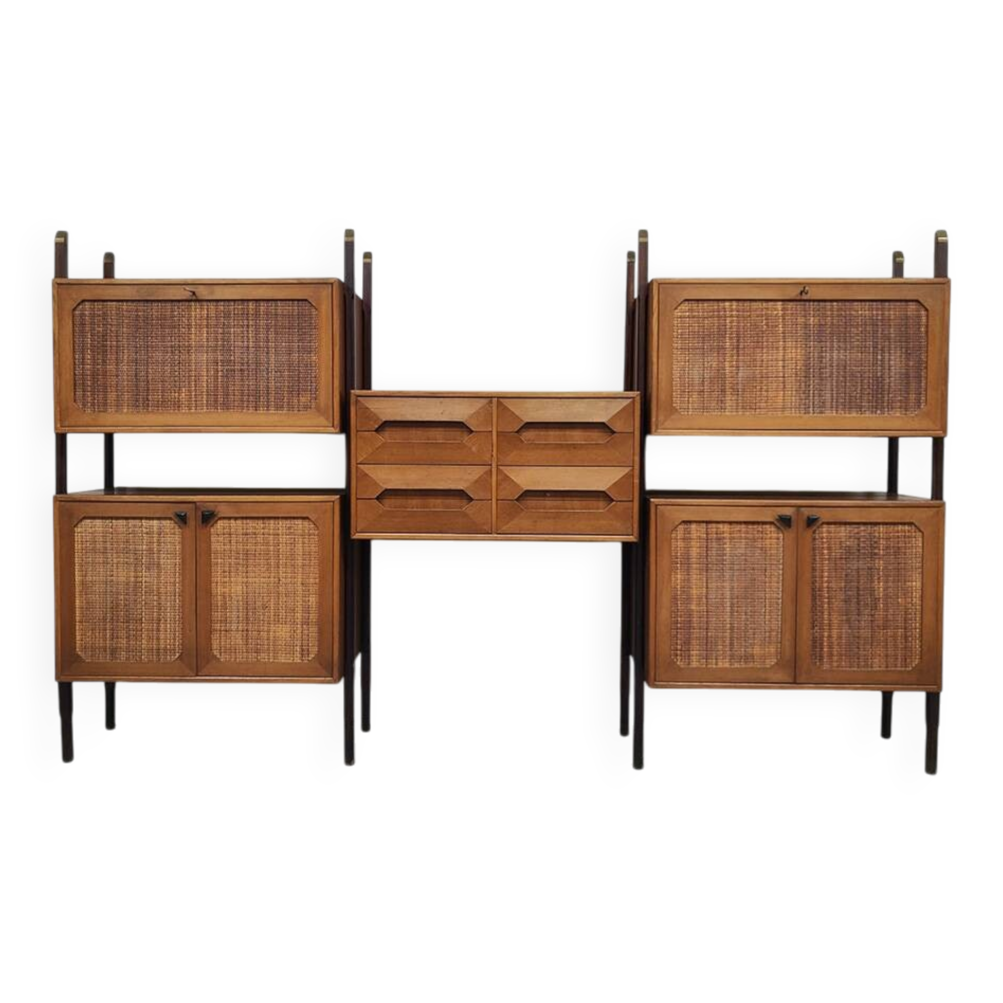Rare Italian midcentury design modular teak webbing wall unit cabinet