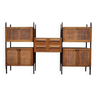 Rare Italian midcentury design modular teak webbing wall unit cabinet