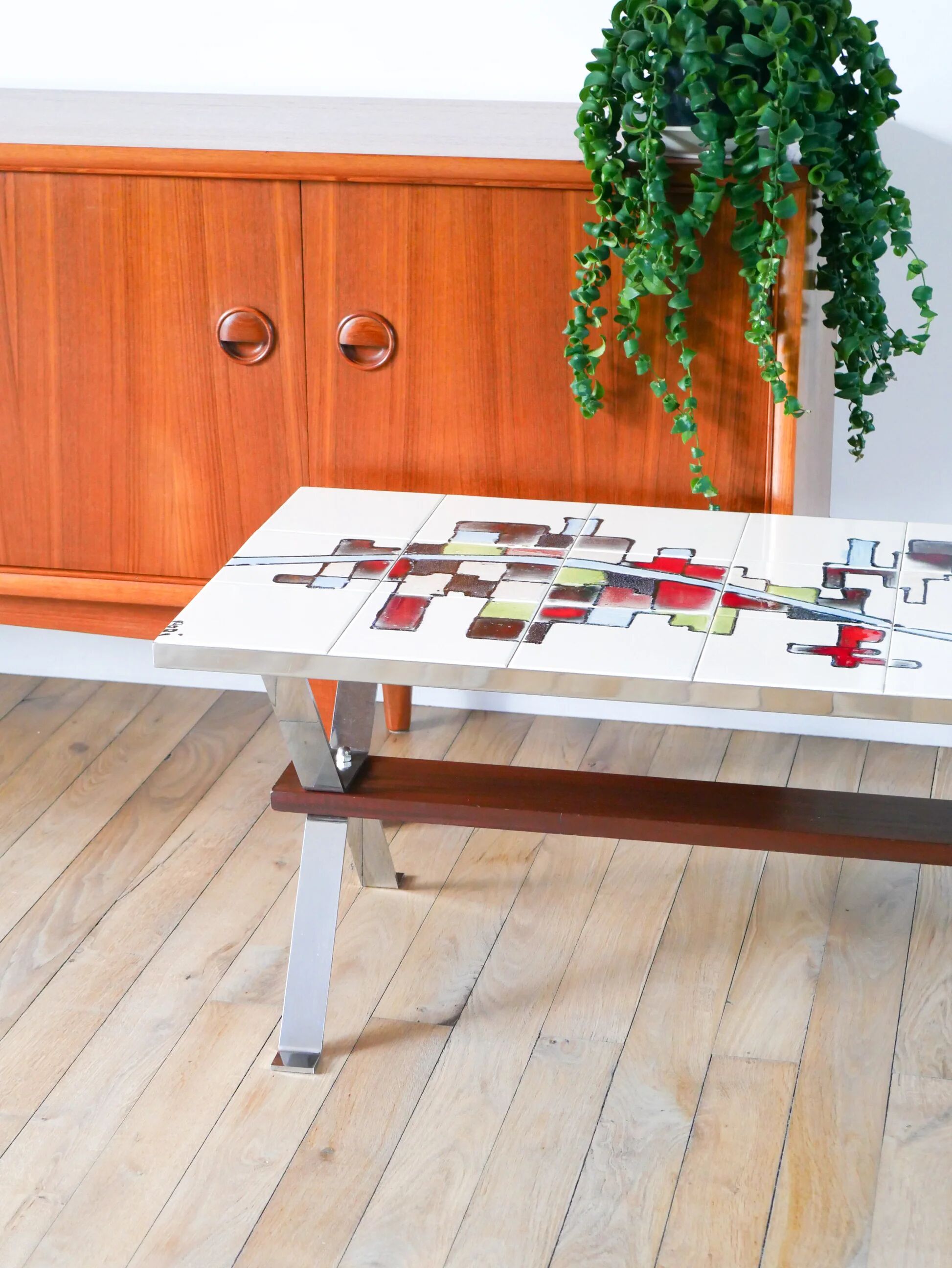 Ceramic coffee table, chrome and teak legs, Space Age, signed, 1970.