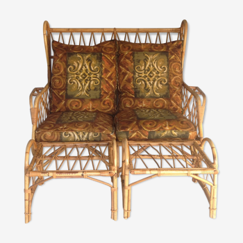Sofa rattan of the 1970s, with its 2 pieces of sofa or foot rest