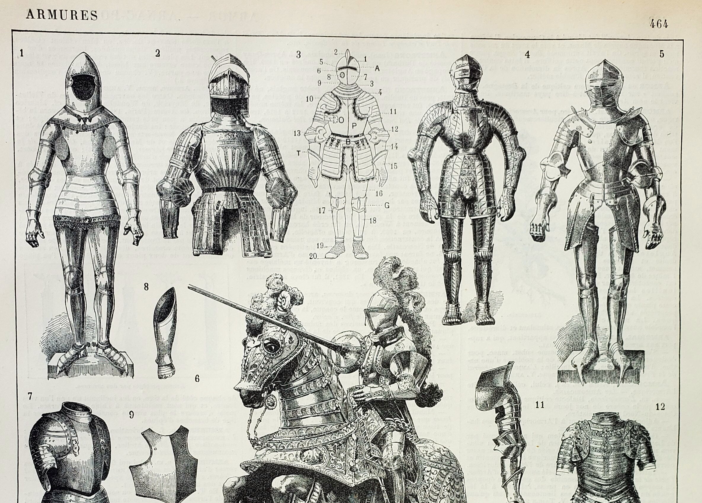 Engraving • Medieval armour, knight • Original and vintage lithograph from 1898
