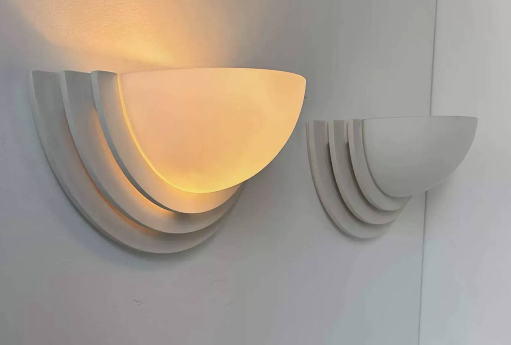 Pair of vintage geometric wall lights, plaster and sandblasted glass, France 1970