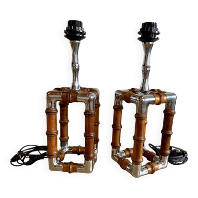 Lampe vintage en métal chromée et bois façon bambou