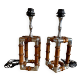 Lampe vintage en métal chromée et bois façon bambou