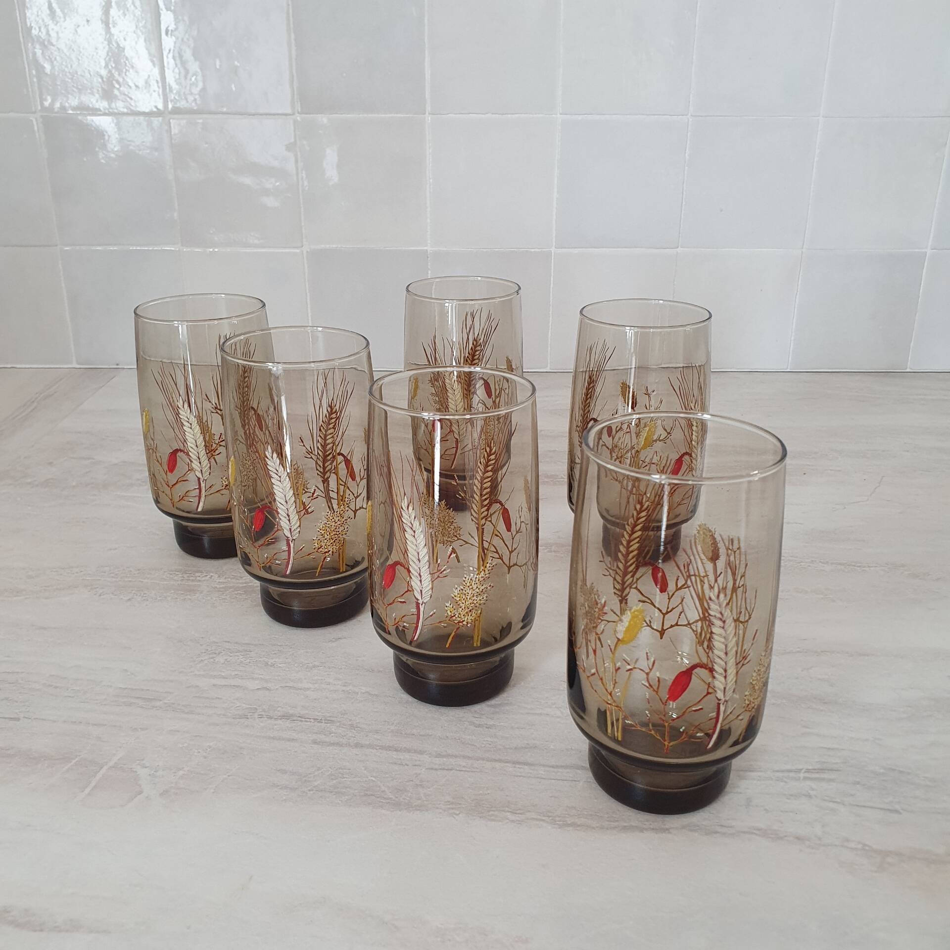 6 large smoked brown glasses