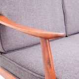 3-seater sofa with patinated oak armrests and 1960s Italy fabric
