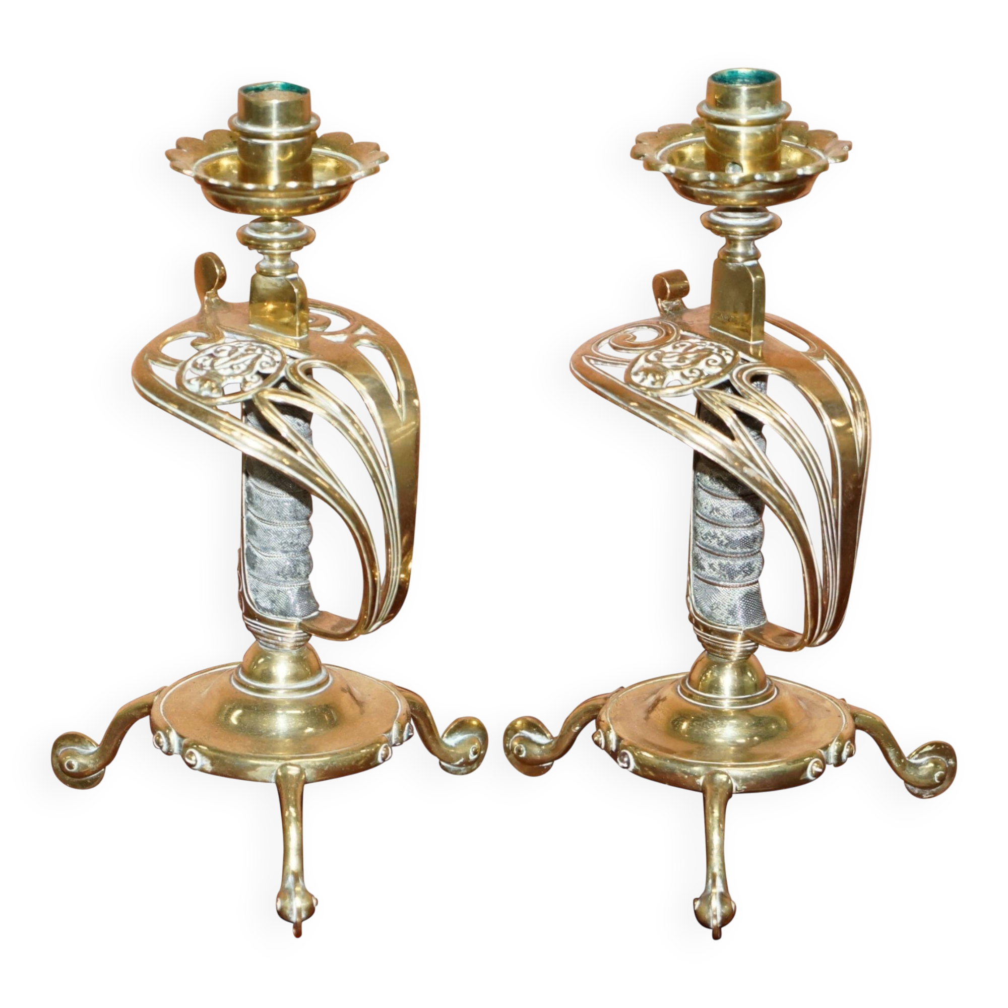Pair of sword handle candlesticks 1905 stamped Benham & Froud VR