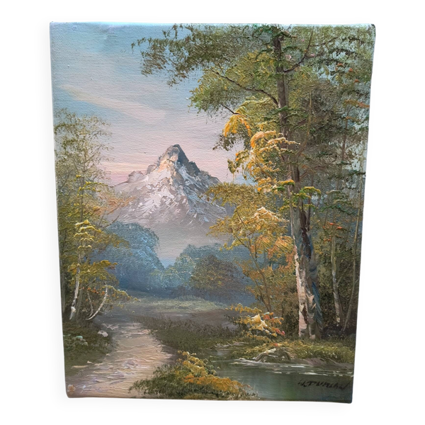 Tableau à l’huile – Montagne enneigée et forêt automnale. Signé. Sur Toile