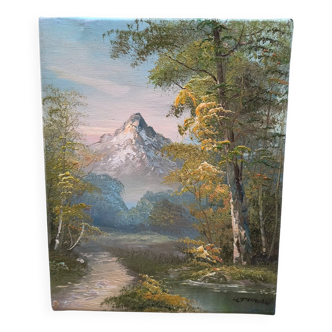 Tableau à l’huile – Montagne enneigée et forêt automnale. Signé. Sur Toile