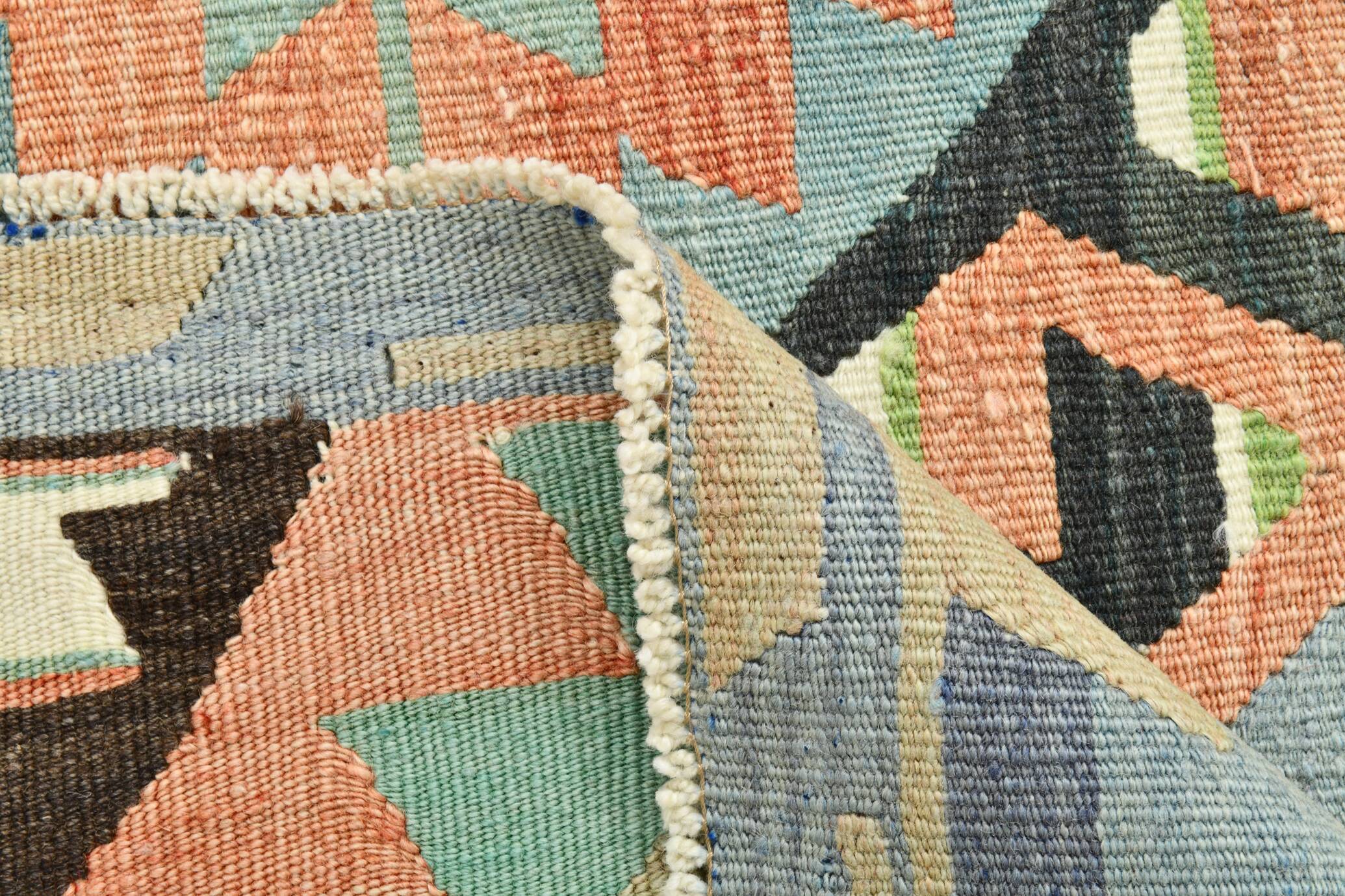 6x10 Light Blue & Green Goemetric Kilim Rug, Handmade Wool Bedroom Carpet