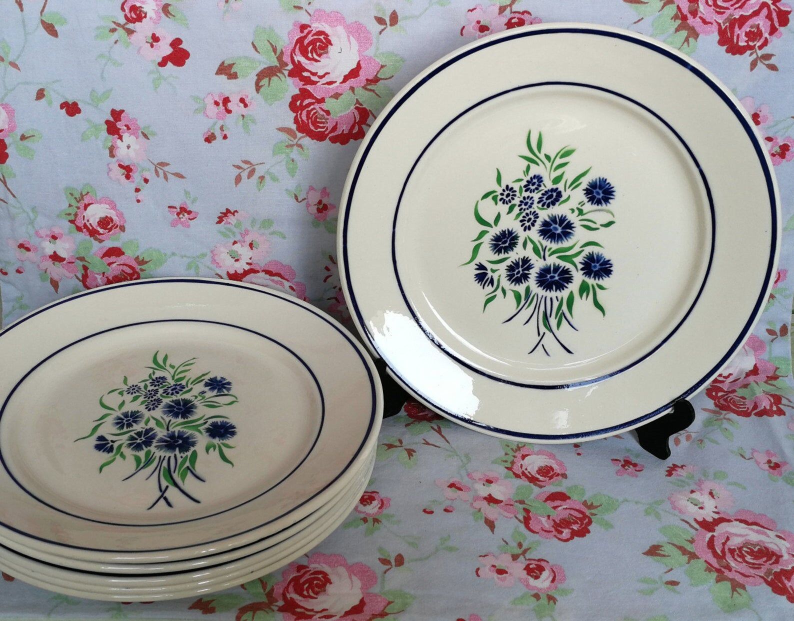 6 plates old Badonviller francine blue and green flowers au pochoir