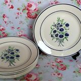 6 assiettes plates anciennes Badonviller francine fleurs bleues et vertes au pochoir
