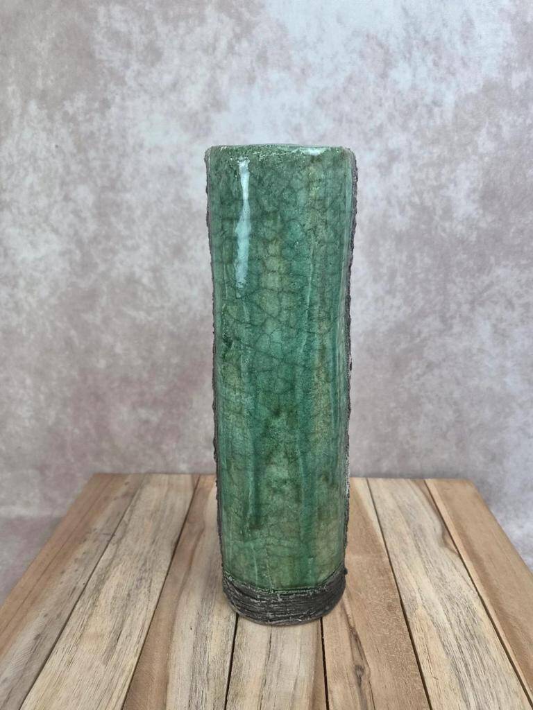 Large workshop vase in blue and green raku style, signed – 30 cm