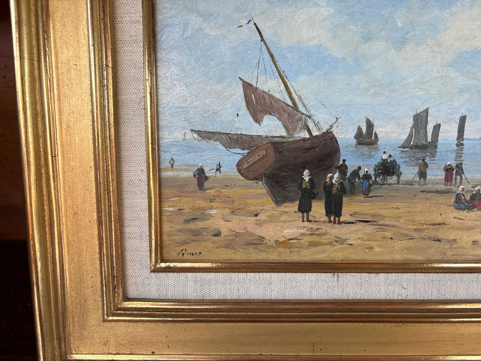 Painting signed Gérard Roux known as "Rouxe" – Scene of a Normandy beach