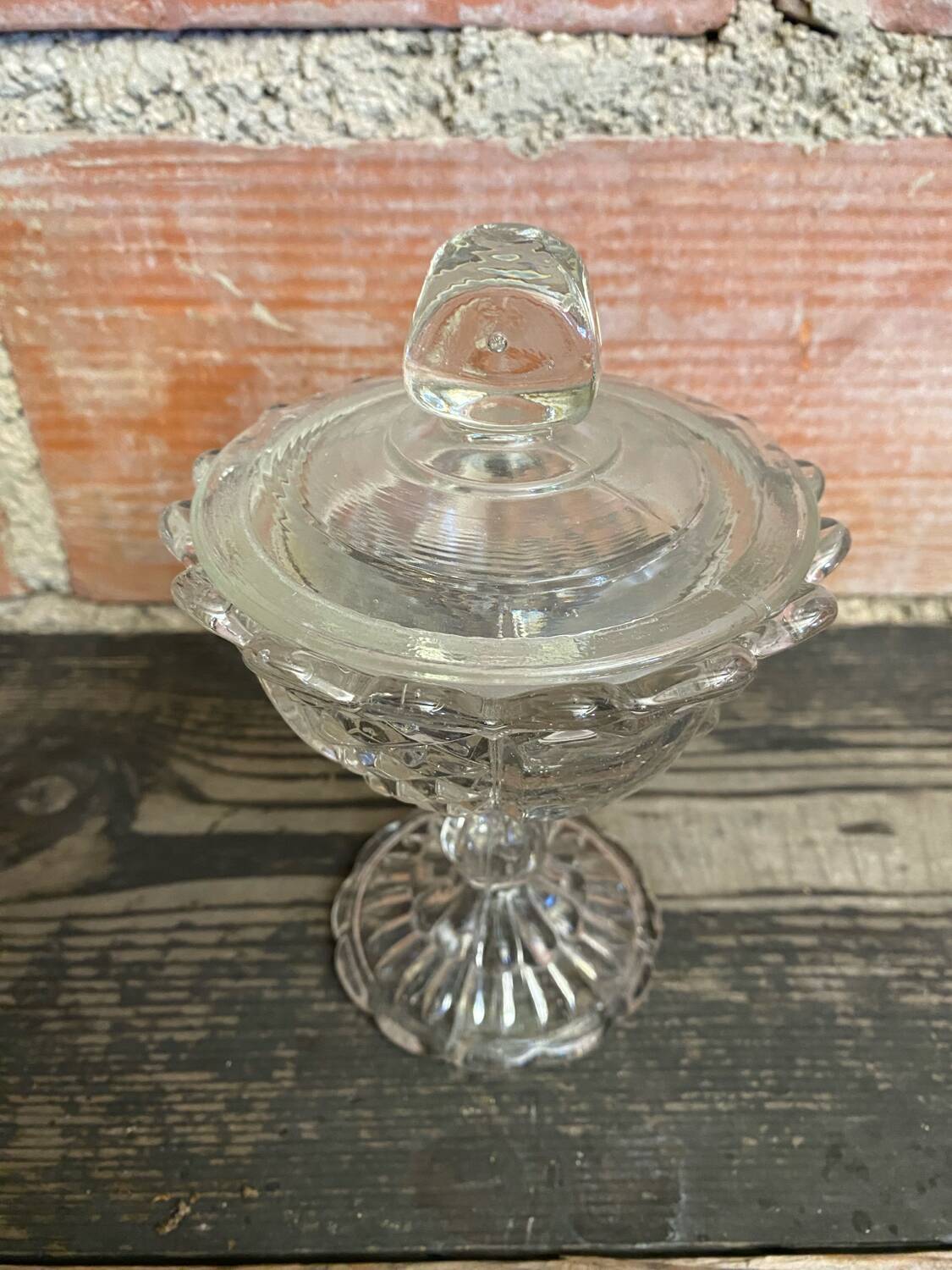 Antique glass candy dish, sugar bowl, footed, vintage molded glass